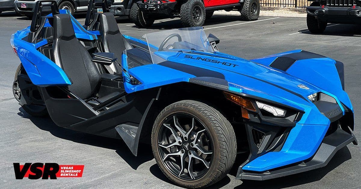 The Vegas Slingshot Rentals fleet lined up outside the shop